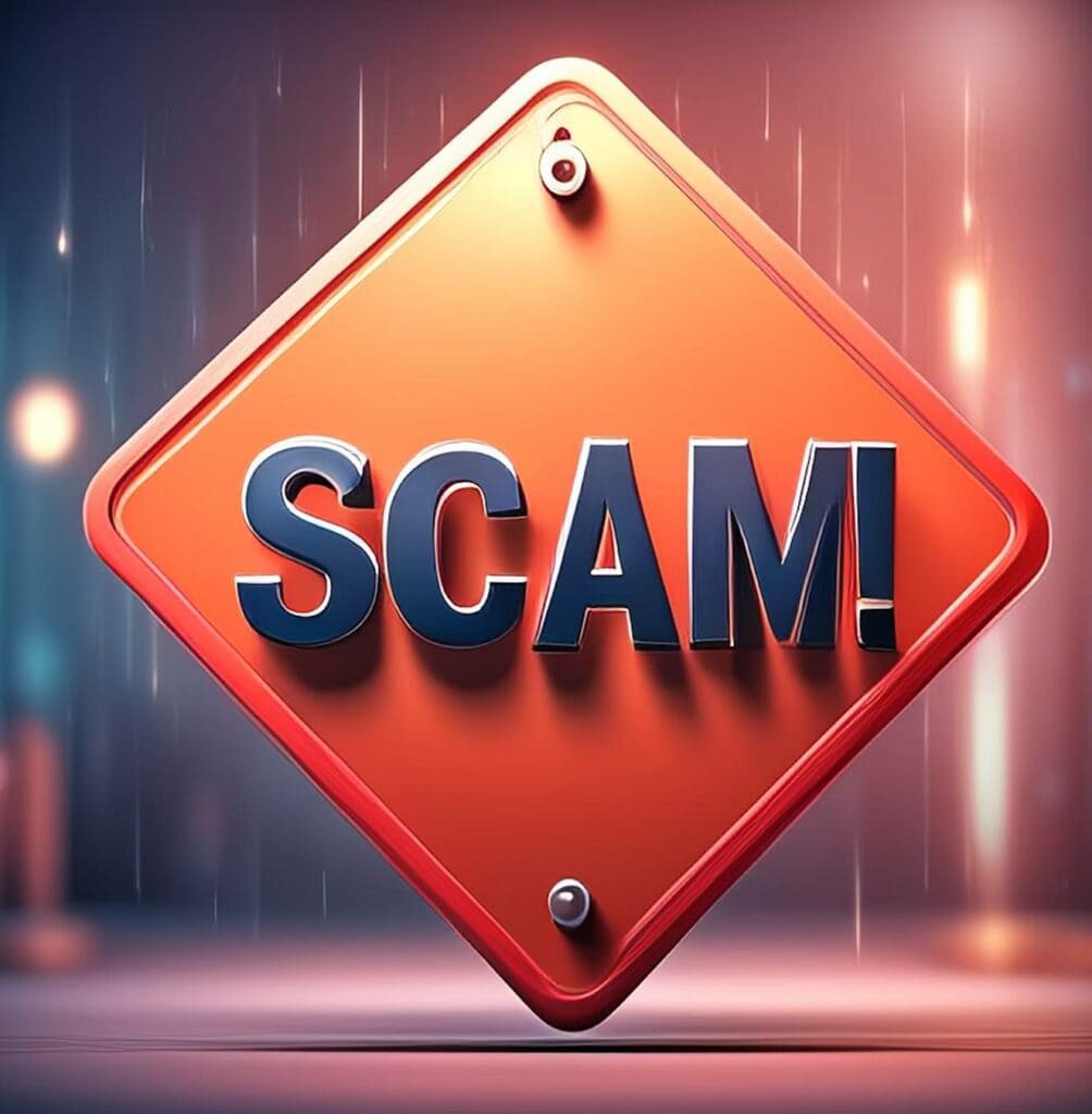 Orange diamond sign with the word "SCAM!" in bold, 3D letters warns you to spot and avoid moving scams against a blurred background.